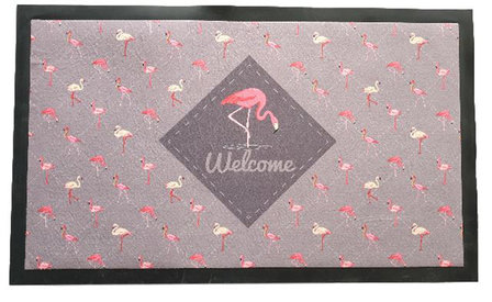 Deurmat met flamingo&#039;s met tekst - Grijs / Roze - 75 x 45 cm - Schoonloopmat