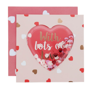 Valentijnskaart - Rood / multicolor - l16 x b16 cm - Met hartjes confetti - Kaart vierkant - Liefde