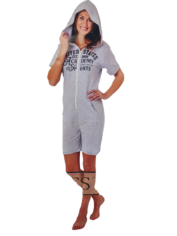 Onesie / pyjamapak met capuchon en korte broek - Grijs / Zwart - Polyester - Maat 110 / 116 - Vrouw