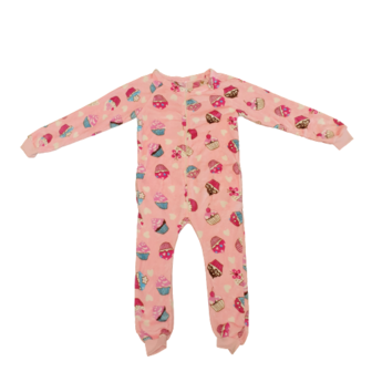 Onesie / Pyjama / Pyjamapak met cupcake print - Roze / Wit - Polyester - Maat 125 - Meisje