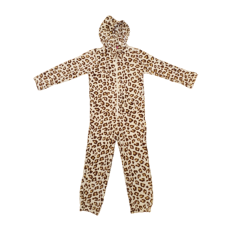 Onesie / Pyjama / Pyjamapak met panter print - Bruin / Wit - Polyester - Maat 110 / 116 - Kind Unisex