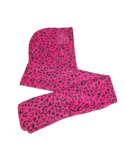 Warme Muts / Sjaal / Handschoen in 1 - Roze / Zwart panter print - Polyester - One size - 3-delige set