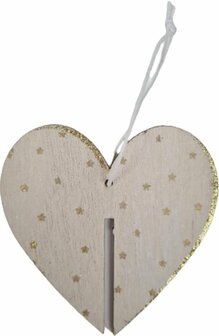 Kersthangers - Houten hart - Hout - 8 cm - Set van 5 hangers - kerstboom hangers met glitters - Houten schijf