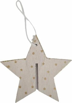 Kersthangers - Houten ster - Hout - 8 cm - Set van 5 hangers - kerstboom hangers met glitters - Houten schijf