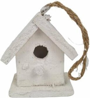 Vogelhuisje - Kerst Hanger - Wit - Touw / Hout - 8 x 12 x 5 cm