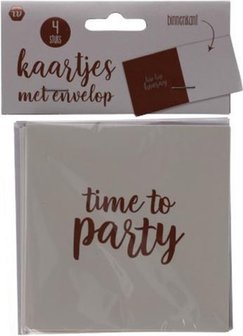 Time To Party Kaartjes met Envelop - Wit / Ros&eacute; Goud - Papier - 11 x 11 cm - Set van 4