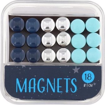 Magnetenset - 18 stuks - 1 cm &Oslash; - Blauw - Koelkast - Notitie - Magneten