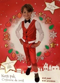 Kerstpak met vlinderdas - Kerstpak - Rood / Wit- Jongens - 4 - 6 jaar - Kerst - Polyester - No&euml;l costuum
