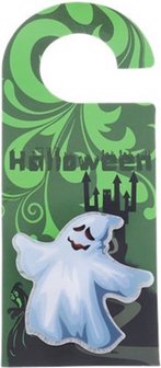 Halloween deurhanger met LED verlichting spook - Groen / Wit - Karton / Kunststof - Ca. 9 x 21 cm