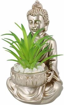 Boeddha met vetplantje - Zilver - Boeddha - Kunstplanten - 9.5 x 9.5 x 13 cm