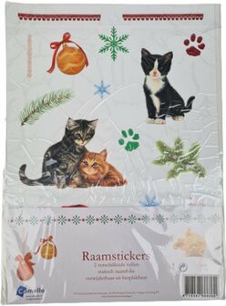 Kerst Raamstickers - Wit / Multicolor- Kerst - Katten stickers - 33x24 cm - Kunststof - 2 Stickers - Herplakbaar - Assorti