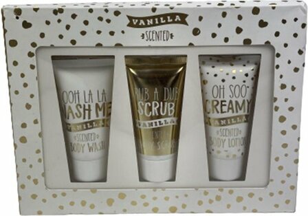 Bodywash / Bodylotion / Bodyscrub - 30 ml - Vanilla - Wit / Goud - Geschenkset - Bad geschenkset