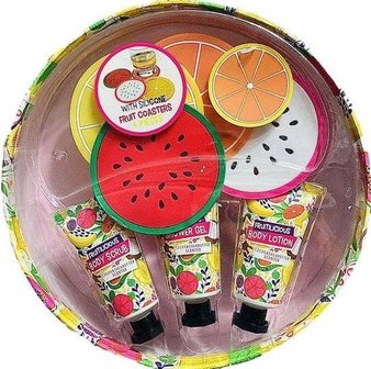 Badschuim / Bodylotion / Bodyscrub - 35 ml - 4x Fruit onderzetters - Multicolor - Kunststof / siliconen - Geschenkset - Bad ges