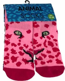 Dieren kindersokken - Panter Roze - Maat 35-38 - Multicolor - 1 paar