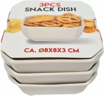 Snack kom - Wit - Keramiek / Glas - Vierkant - 8 x 4 cm - 3 stuks