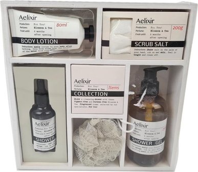Geschenkset Aelixir - Body Lotion 80 ml - Scrub Salt 200g - Douchegel 250 ml - Douche Olie 50 ml - Cadeau - Sinterklaas - Kerst