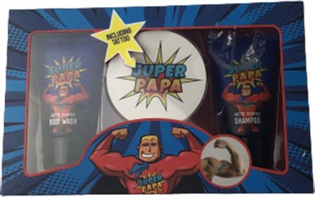 Shampoo / Bodywash - SUPER PAPA - Arctic - Man - Met tattoo - Rood / Blauw - 2x 75 ml - Vaderdag geschenkset