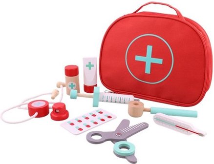Mini Matters Dokter set - Rood / Blauw - Houten Speelgoed - Met opbergtasje - 8 Tools