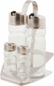 Olie &amp; Azijn en Peper &amp; Zout Set LUUK - Keuken Musthave - Transparant / Zilver - Glas / Metaal - 5 Delig