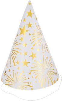 Party Happy New Year feesthoedjes - Papier - Glitters - Wit/Goud - Verkleedaccessoires - 6 stuks - Feestdagen - Happy New Year