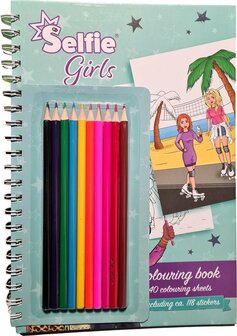 Selfie Girls Kleurboek met kleurpotloden - Blauw - Hardcover - Papier - 118 Stickers - 40 Kleurplaten - 29 x 21 cm