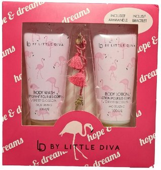 LD By Little Diva Cadeau Pakket met Armbandje - Cherry Blossom - Body Wash / Body Lotion - Verjaardag - Moederdag -Roze - 2x 10