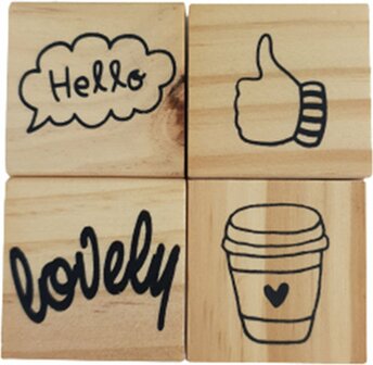 Stempel setje emoticons - Donkergeel / Rood - Hout / Kunststof - Set van 4 - Assorti - Stempelen - DIY - Creatief - Knutselen -