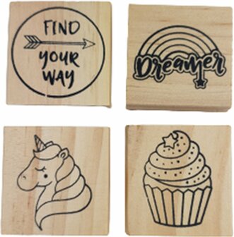 Stempel setje emoticons - Donkergeel / Rood - Hout / Kunststof - Set van 4 - Assorti - Stempelen - DIY - Creatief - Knutselen -