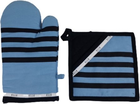 Ovenwant en pannenlap set met streep motief ELLE - Blauw / Zwart - Katoen - One Size - Set van 2 - Koken - Bakken - Keuken