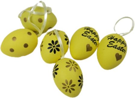 Decoratie Paaseitjes "Happy Easter" - Geel / Zwart - Kunststof - 4,5 x 3 cm - 6 Stuks - Pasen - Paasei - Ei - Eit