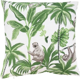 Sierkussenhoes Botanisch Motief met Aap JORRIT - Lichtgroen / Wit - Katoen - 40 x 40 cm - Kussenhoes - Hoes - Kussen