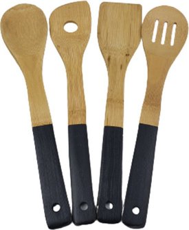 Keukengerei set BRODIE - Lichtbruin / Zwart - Hout - l 30 cm - 4 stuks - Koken - Keuken - Pollepel / Spatel / Saladelepel / Ops