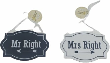 Deurhanger met tekst "Mr Right" en ''Mrs Right'' - Zwart / Wit - Hout - 20 x 13 cm - 