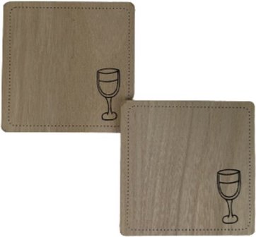 Onderzetters STEN - Wijnglas patroon - Vierkant - Zwart / Bruin - Hout - 9 x 9 cm - Set van 2