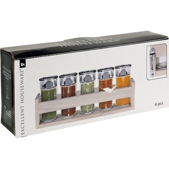 Excellent Houseware Kruidenrek met Potjes - Spice Rack - Wit / Zilver - Hout / Glas / Metaal - 26.2 cm - 5x 90ml - 6 Delig