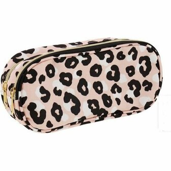 Jungle etui Panterprint en dubbele rits - Rond - Roze / Zwart - Kunststof - Schoolspullen