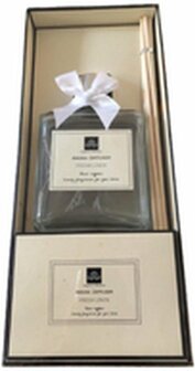 Geurstokjes met strik FRESH LINNEN - Transparant / Zilver - Glas / Hout - 280 ml - Huisparfum aroma diffuser