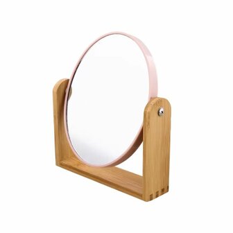 Spiegel met bamboe basis - Roze -  Kunststof - Glas - Bamboe - 18 x 21cm 