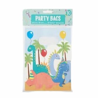 Papieren uitdeelzakjes met Dino print - Blauw / Multicolor - Papier - 10 stuks - Feestzakjes - Party bags