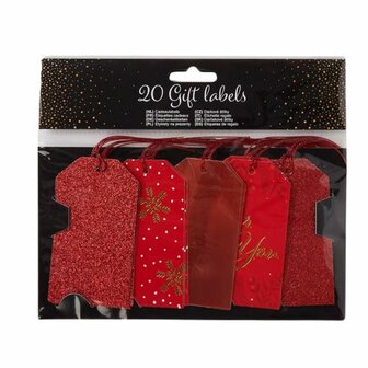 Luxe cadeau labels met glitters / print - Rood - Karton - 20 stuks - Geschenk - Kerst - Sinterklaas - Verjaardag - Surprise - F