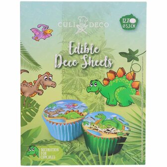 Eetbare cupcake shees met Dino print - Groen / Multicolor - &Oslash; 5,3 cm - Set van 12 shees - 4 verschillende designs - Cake - Muffin - Taart 