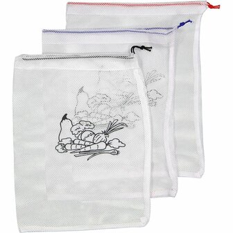 Herbruikbare groente zakjes - Wit / Zwart - Polyester - 28 x 35 cm - Set van 3 - Reusable vegetable bags