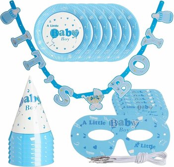 Feestpakket geboorte jongen - Blauw / Wit - Karton - Bordjes / Maskers / Vlag / Hoedje - It&#039;s a Boy - It&#039;s a Girl