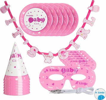 Feestpakket geboorte meisje - Roze / Wit - Karton - Bordjes / Maskers / Vlag / Hoedje - It&#039;s a Boy - It&#039;s a Girl 
