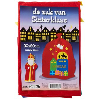 De zak van Sinterklaas - 3D effect - Rood - 90 x 60 cm - Sint met piet op het dak 