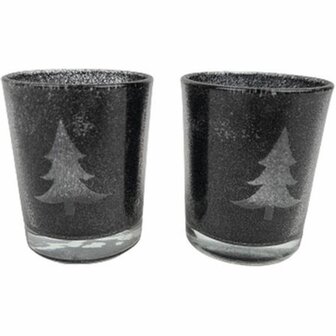 Waxinelichthouder Glitter Kerstboom - Zwart - Glas - Kerst - &Oslash; 6 x 7 cm - Set van 2