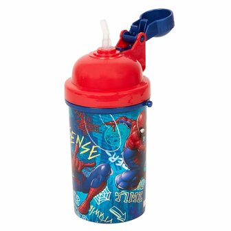 Flip Top Drinkbeker Bidon Spiderman  met rietje en handige 2 Go Koord - Rood / Blauw - Kunststof - 400 ml - Waterfles - Fles - Bidon - Marvel  