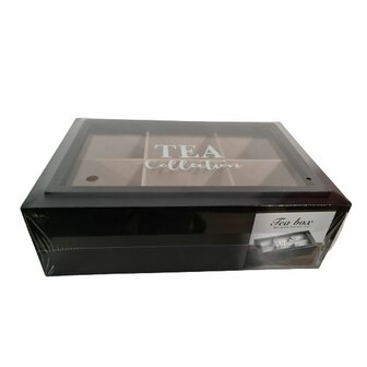 Theedoos met tekst &#039;&#039;TEA Collection&#039;&#039; - Zwart / Bruin - Hout - 23 x 15 x 7 cm - 6 vakken - Tea box 