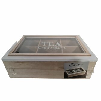 Theedoos met tekst &#039;&#039;TEA Collection&#039;&#039; - Wit / Bruin - Hout - 23 x 15 x 7 cm - 6 vakken - Tea box