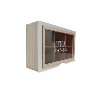 Theedoos met tekst &#039;&#039;TEA Collection&#039;&#039; - Wit / Bruin - Hout - 23 x 15 x 7 cm - 6 vakken - Tea box 1